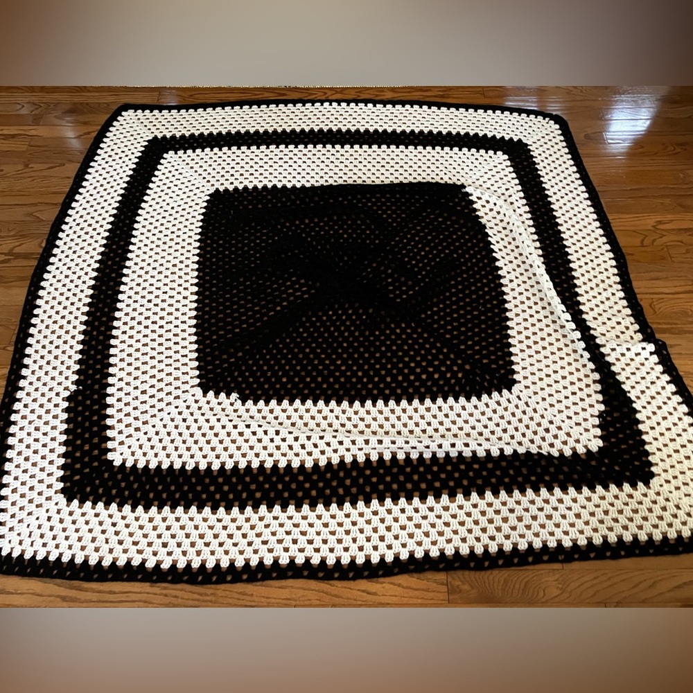Hand made crochet white & black square throw/afghan/blanket/bed cover. 76” x 76”
